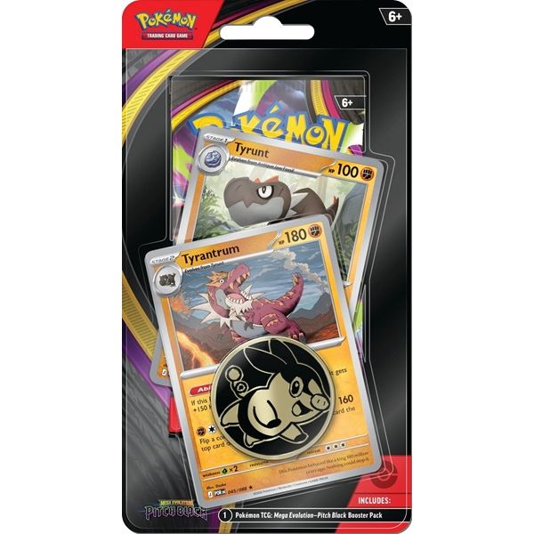 The Pokémon TCG: Pitch Black Premium Checklane Blister by The Pokémon Company includes Tyrunt and Tyrantrum cards, a playful Pokémon metallic coin, and a booster pack in vibrant packaging for ages 6+.