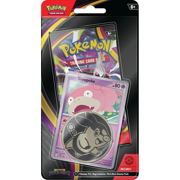 The Pokémon TCG: Pitch Black Checklane Blister by The Pokémon Company includes a Slowpoke card and a black-and-silver Pokémon coin in original packaging, labeled for ages 6+.
