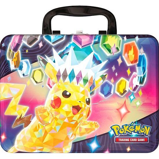 Pokémon TCG: 2024 Fall Collector’s Chest rectangular metal carrying case featuring a faceted, crystalline Pikachu wearing a spiky crown surrounded by floating gems.