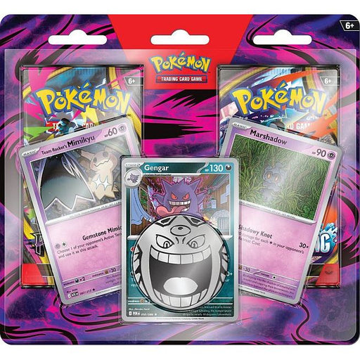 The Pokémon TCG: Gengar Enhanced 2-Pack Blister by The Pokémon Company features exclusive promo cards of Gengar, Team Rocket’s Mimikyu, and Marshadow, includes a Gengar coin and two booster packs, all presented in vibrant packaging with bold purple and black accents.