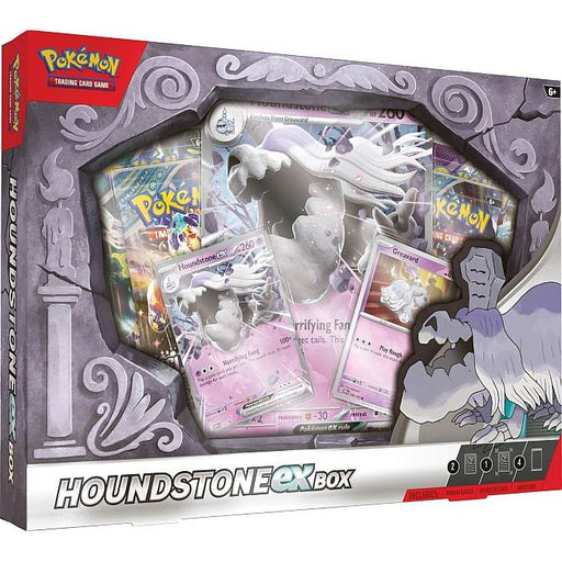 The Pokémon TCG: Houndstone ex Box by The Pokémon Company is an essential addition for collectors, showcasing exclusive Houndstone cards, Scarlet & Violet era booster packs, and an oversized Houndstone ex promo card. Presented in vivid purple packaging with striking ghost dog artwork, this sealed collection box stands out as a unique centerpiece for any Pokémon fan.