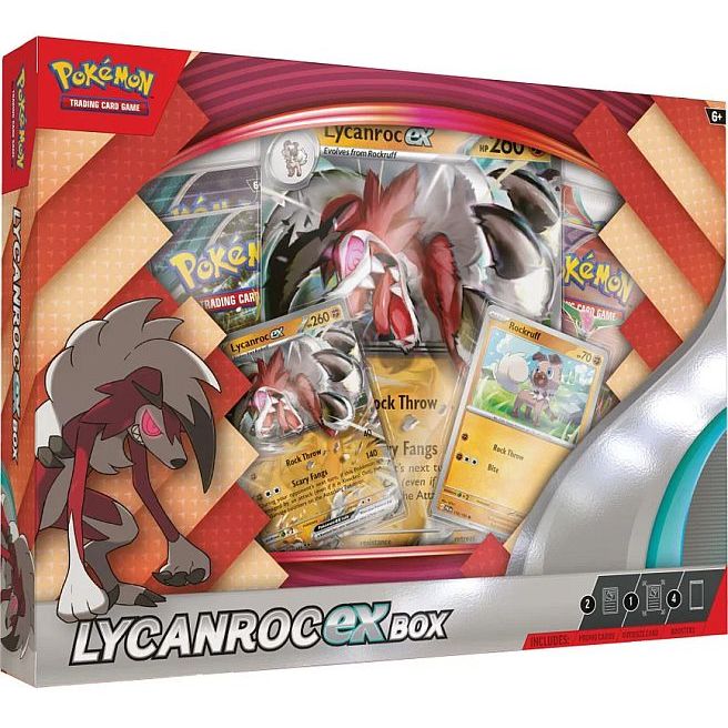 Pokémon TCG: Lycanroc ex Box by The Pokémon Company features a striking red and blue design and includes a large Lycanroc ex promo card, two smaller cards—Lycanroc and Rockruff—and several Pokémon TCG booster packs, including those from Paldea Evolved. This English sealed box is perfect for collectors and fans alike.