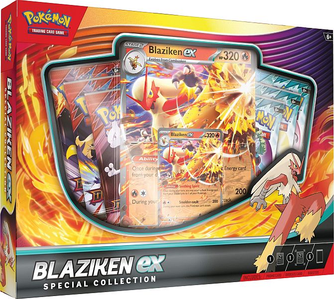 The Pokémon TCG: Blaziken ex Special Collection by The Pokémon Company includes Blaziken ex cards, booster packs, and an oversized Blaziken ex promo card, all featuring fiery artwork and official Pokémon branding.