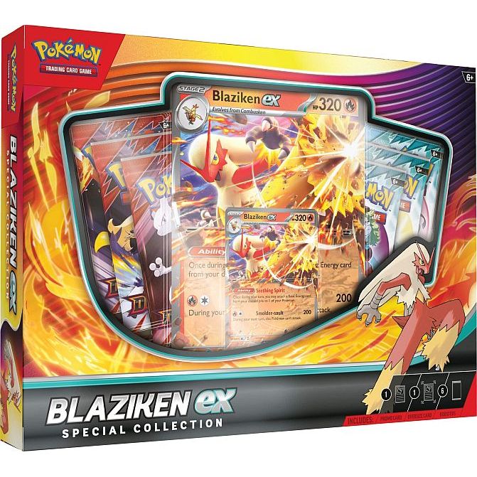 The Pokémon TCG: Blaziken ex Special Collection by The Pokémon Company includes Blaziken ex cards, booster packs, and an oversized Blaziken ex promo card, all featuring fiery artwork and official Pokémon branding.