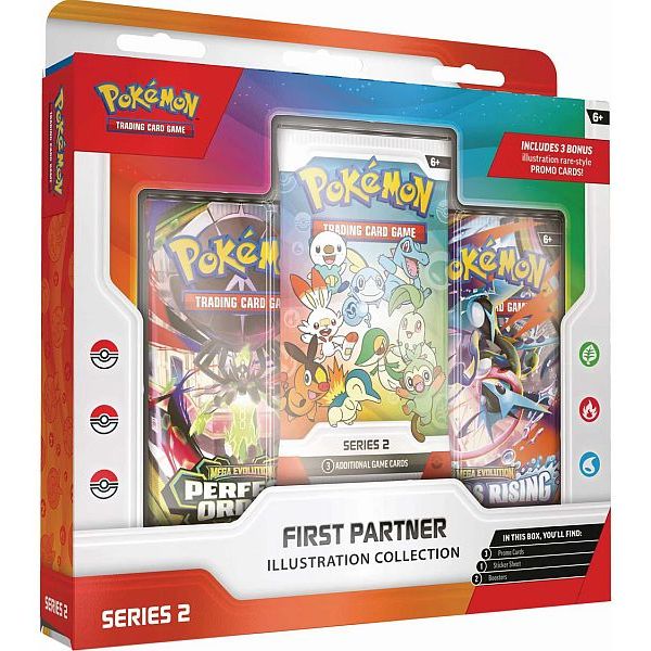 The Pokémon TCG: First Partner Illustration Collection - Series 2 from The Pokémon Company includes three booster packs and promo cards, recommended for ages 6+.