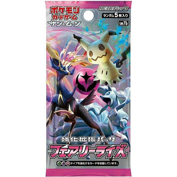 Display box of Pokémon TCG: Fairy Rise Booster Box - Japansk (Sun & Moon: SM7b) trading card booster packs featuring Mimikyu and Xerneas artwork.