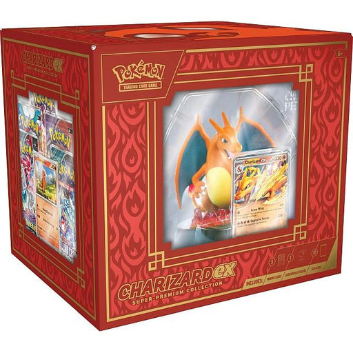 A red box with gold accents from The Pokémon Company featuring the Pokémon TCG: Charizard ex Super-Premium Collection, displaying a Charizard figure, trading cards, and booster packs through a display window.