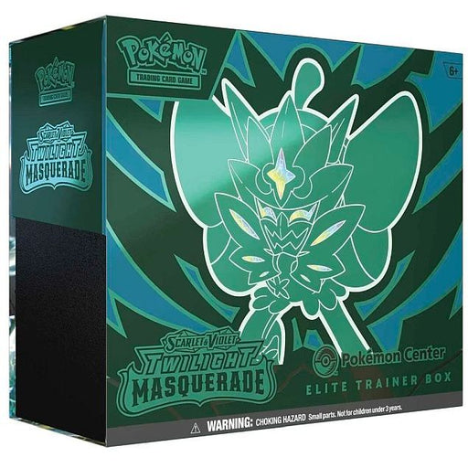 The Pokémon TCG: Twilight Masquerade Pokémon Center Elite Trainer Box by The Pokémon Company features a stylized teal Pokémon character, logo, and a warning label on the front.
