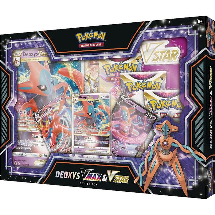 Introducing the Pokémon TCG: Deoxys VMAX & VSTAR Battle Box by The Pokémon Company—a sealed box for the Pokémon Trading Card Game that features an exclusive trio of Deoxys promo cards, multiple booster packs, and a bold purple-and-black design showcasing a large image of Deoxys. Suitable for ages 6 and up.
