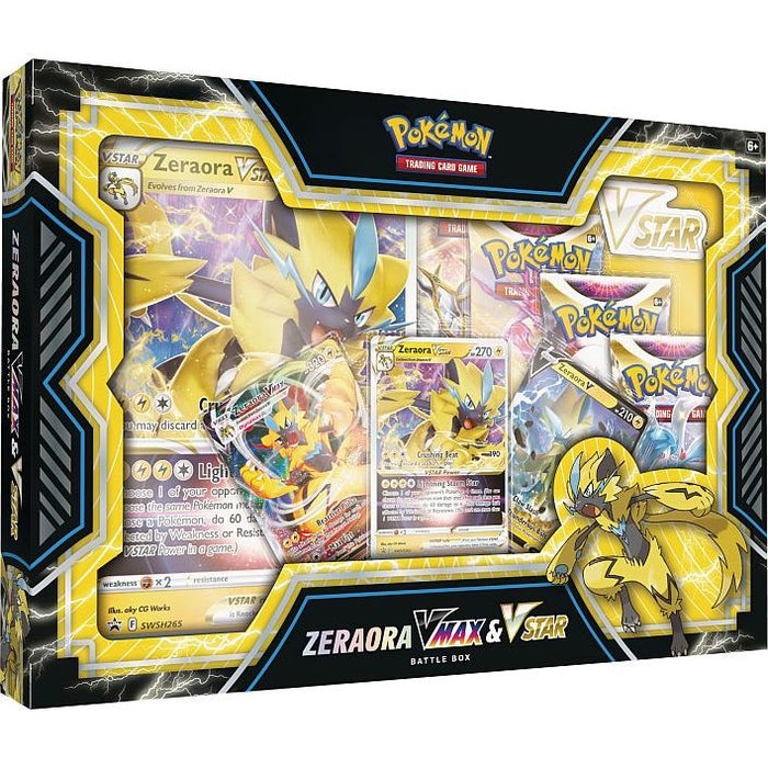 Introducing the Pokémon TCG: Zeraora VMAX & VSTAR Battle Box from The Pokémon Company, showcasing exclusive Zeraora promo cards, an oversized Zeraora VMAX card, and a VSTAR marker—all presented in bold yellow and black packaging. This Battle Box is an ideal addition for any Pokémon TCG collector or competitive battler.