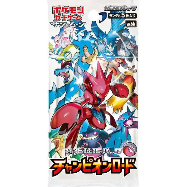 A sealed Pokémon TCG: Champion Road Booster Box - Japansk (Sun & Moon: SM6b) display box featuring Scizor and other Pokémon on the packaging.