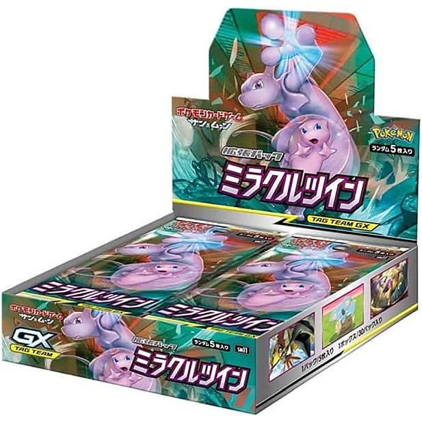 Pokémon TCG: Miracle Twin Booster Box - Japansk (Sun & Moon: SM11) display box featuring illustrations of Mewtwo and Mew.