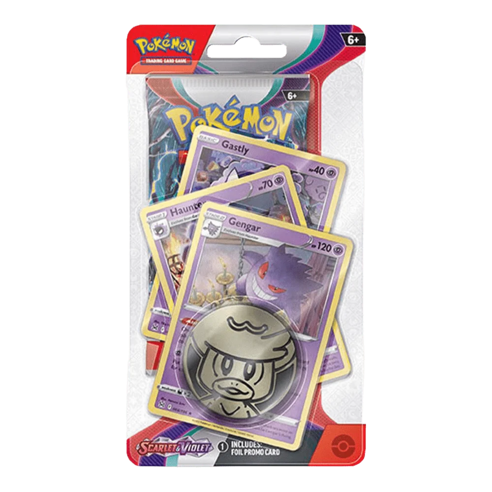Pokémon TCG: Scarlet & Violet Base Set 1-Pack Checklane Premium Blister containing one booster pack, three cards featuring Gastly, Haunter, and Gengar, and a metallic collectible coin.