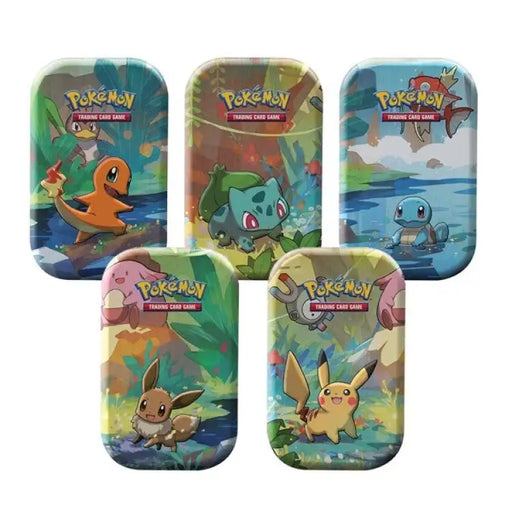 The Pokémon TCG: Kanto Friends Mini Tin set by The Pokémon Company includes five mini tins, each featuring vibrant artwork of Charmander, Bulbasaur, Squirtle, Eevee, or Pikachu in a natural setting.