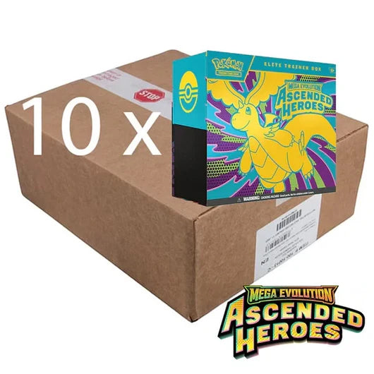 A cardboard shipping box marked 10x holds The Pokémon Company’s Pokémon TCG: Ascended Heroes Elite Trainer Box Case, with the set logo in the lower right, highlighting this exclusive product from The Pokémon Company.