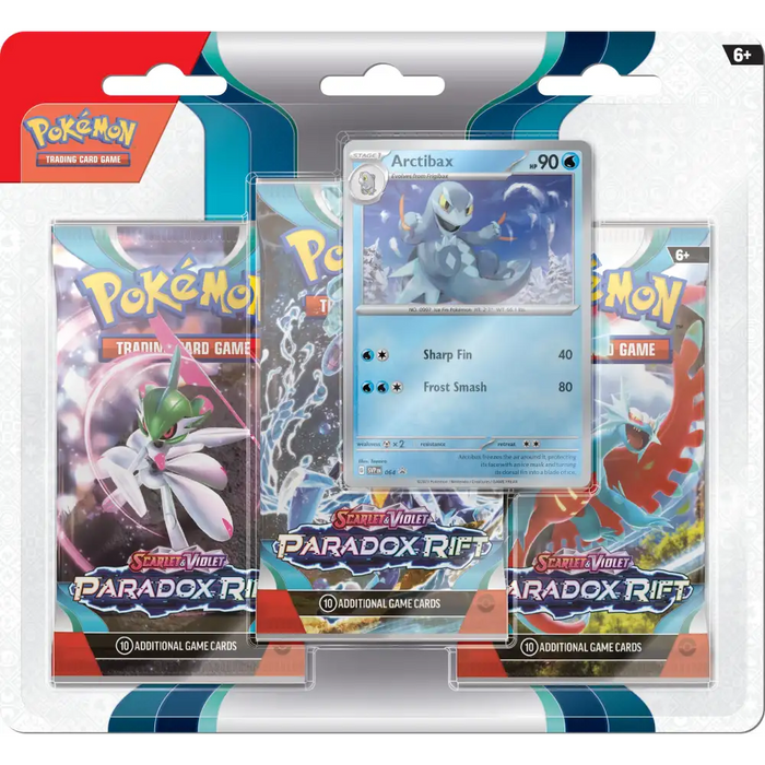 The Pokémon TCG: Paradox Rift Arctibax 3-Pack Blister by The Pokémon Company includes three booster packs and a visible Arctibax promo card in plastic packaging. It is recommended for ages 6 and up.