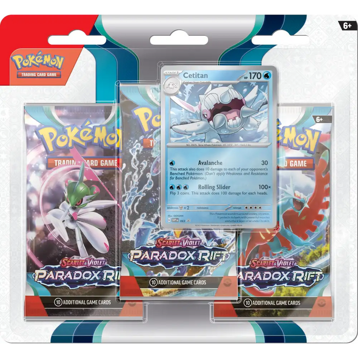 The Pokémon TCG: Paradox Rift Cetitan 3-Pack Blister by The Pokémon Company includes three booster packs and a Cetitan promo card, all showcased in clear packaging. Suitable for ages 6 and up.