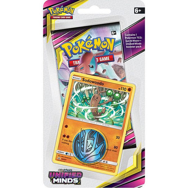 The Pokémon TCG: Unified Minds 1-Pack Blister Pack (Sun & Moon) by The Pokémon Company includes a Sudowoodo promo card and a Unified Minds booster pack in plastic packaging, suitable for ages 6 and up.