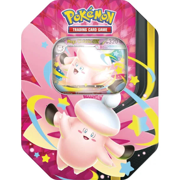 The Pokémon TCG: Mega ex Tin Summer 2026 by The Pokémon Company features Mega Clefable EX, with a tin decorated in colorful stars and swirls and an image of the smiling pink Clefable on the front.