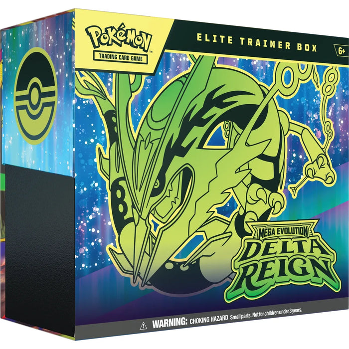 The Pokémon TCG: Delta Reign Elite Trainer Box by The Pokémon Company showcases striking green and black artwork featuring Mega Rayquaza, highlighted with “Mega Evolution Delta Reign” text and a small parts warning. The box stands out against a vibrant, colorful background with official game branding.