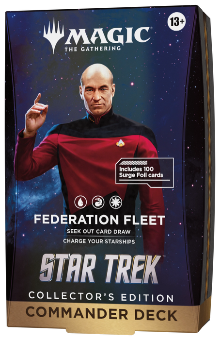 Experience the Magic: The Gathering – Star Trek Collector’s Edition Commander Decks by Wizards of the Coast. This deck box showcases a character in a red uniform against a starry space backdrop, with text highlighting Federation Fleet and Includes 100 Surge Foil Cards—perfect for any Star Trek collector or Commander fan!.