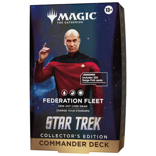 Experience the Magic: The Gathering – Star Trek Collector’s Edition Commander Decks by Wizards of the Coast. This deck box showcases a character in a red uniform against a starry space backdrop, with text highlighting Federation Fleet and Includes 100 Surge Foil Cards—perfect for any Star Trek collector or Commander fan!.