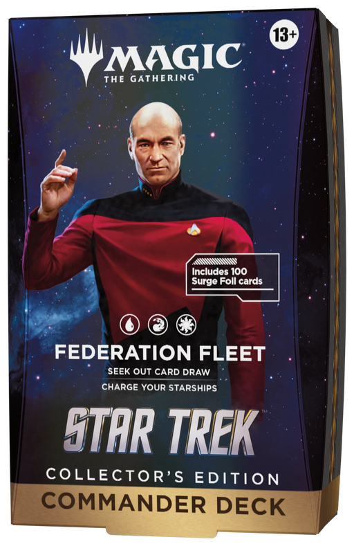 Experience the Magic: The Gathering – Star Trek Collector’s Edition Commander Decks by Wizards of the Coast. This deck box showcases a character in a red uniform against a starry space backdrop, with text highlighting Federation Fleet and Includes 100 Surge Foil Cards—perfect for any Star Trek collector or Commander fan!.