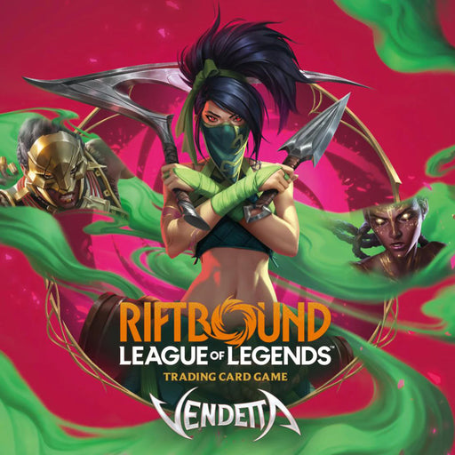 A masked female warrior brandishes curved blades, flanked by two armored allies as vibrant pink and green wisps swirl around them. The text reads: Riftbound: League of Legends TCG: Set 04: Vendetta Pre-Rift (31/07/26 - Rødovre Centrum) by Riot Games Inc.—unleash the excitement with the exclusive Vendetta Pre-Rift kit, your ticket to the ultimate Pre-Rift event experience.