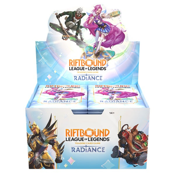 Riftbound: League of Legends TCG: Set 05: Radiance – Booster Box by Riot Games, Inc. features vibrant fantasy character artwork on the packaging and contains two rows of card packs inside. This booster box is an ideal choice for collectors and fans looking to expand their League of Legends Trading Card Game decks with the newest cards from Set 05: Radiance.