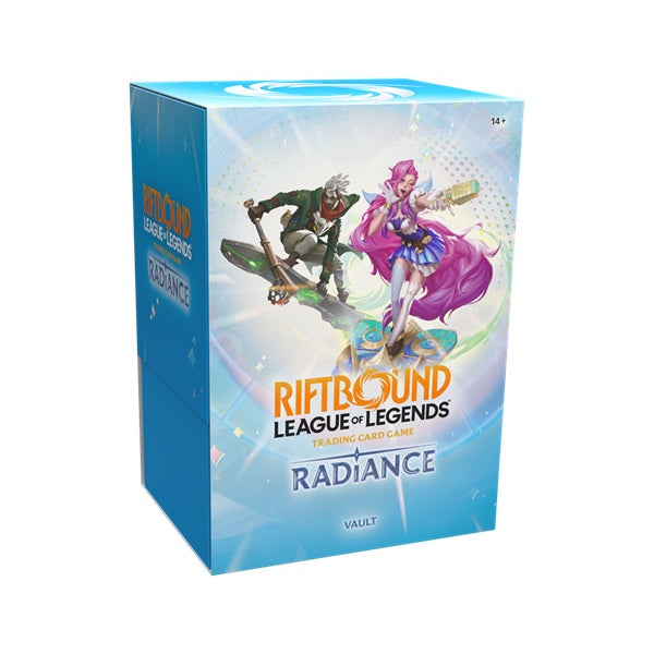 A blue box for Riftbound: League of Legends TCG: Set 05: Radiance - Vault by Riot Games, Inc. featuring two illustrated characters—a pink-haired woman in purple and a gray-skinned, white-haired man.