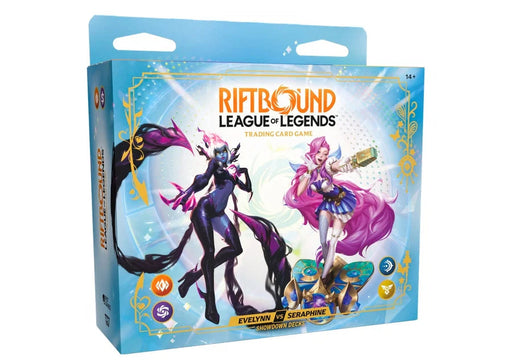 A Riftbound: League of Legends TCG: Set 05: Radiance - Showdown Deck: Evelynn vs Seraphine box from Riot Games, Inc. featuring vibrant artwork of both champions and eye-catching logo designs on the packaging. This Evelynn vs Seraphine Showdown Deck highlights their fierce rivalry in the Riftbound trading card game, making it an essential addition for collectors and fans.