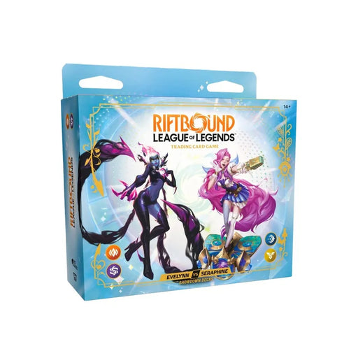 A Riftbound: League of Legends TCG: Set 05: Radiance - Showdown Deck: Evelynn vs Seraphine box from Riot Games, Inc. featuring vibrant artwork of both champions and eye-catching logo designs on the packaging. This Evelynn vs Seraphine Showdown Deck highlights their fierce rivalry in the Riftbound trading card game, making it an essential addition for collectors and fans.