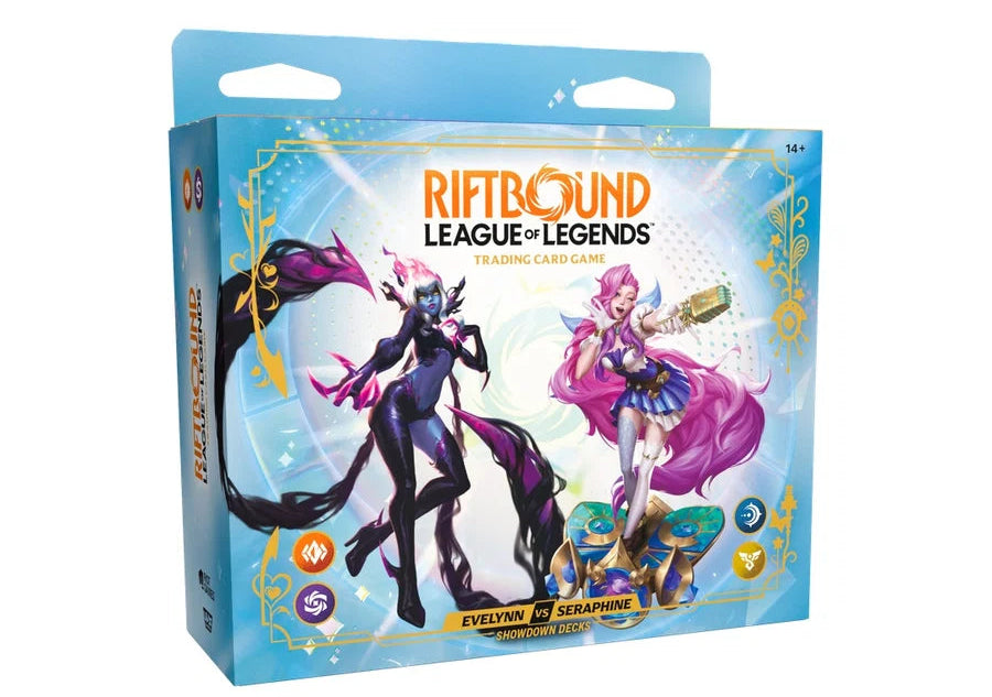 A Riftbound: League of Legends TCG: Set 05: Radiance - Showdown Deck: Evelynn vs Seraphine box from Riot Games, Inc. featuring vibrant artwork of both champions and eye-catching logo designs on the packaging. This Evelynn vs Seraphine Showdown Deck highlights their fierce rivalry in the Riftbound trading card game, making it an essential addition for collectors and fans.