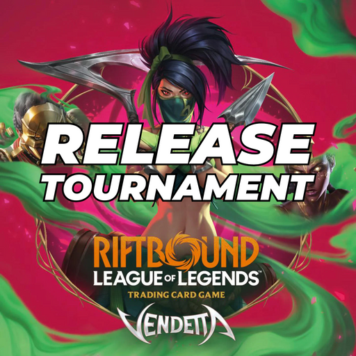 Riftbound: League of Legends TCG: Set 04: Vendetta Release Event promo card from Riot Games Inc., featuring stylized champions, bold "Release Event" text, and highlighting the exclusive Pre-Rift kit; available at the 31/07/26 event in Rødovre Centrum.