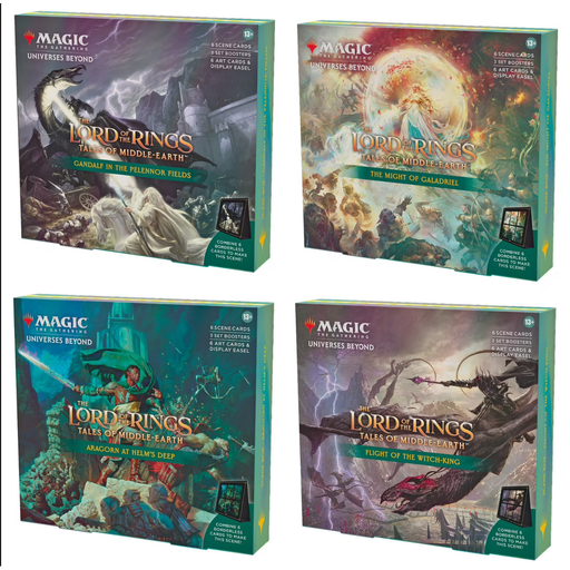 A set of four Magic: The Gathering - Lord of the Rings: Tales of Middle-earth Scene Boxes by Wizards of the Coast, featuring distinctive artwork and titles for Gandalf, Galadriel, Aragorn at Helm’s Deep, and the Witch-King.