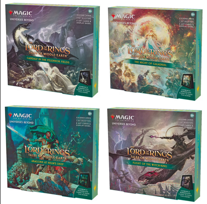 A set of four Magic: The Gathering - Lord of the Rings: Tales of Middle-earth Scene Boxes by Wizards of the Coast, featuring distinctive artwork and titles for Gandalf, Galadriel, Aragorn at Helm’s Deep, and the Witch-King.