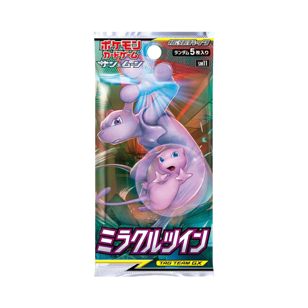 Pokémon TCG: Miracle Twin Booster Box - Japansk (Sun & Moon: SM11) display box featuring illustrations of Mewtwo and Mew.