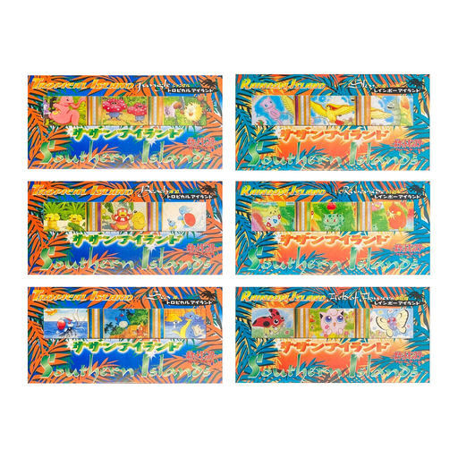 Experience the Pokemon Southern Islands Complete Japanese Set by Pokémon Company, featuring six vibrant trading card packs. Each pack showcases three visible cards with colorful tropical artwork, various Pokémon, and authentic Japanese text. This full Japanese edition is a must-have for collectors searching for exclusive cards and unique illustrations.