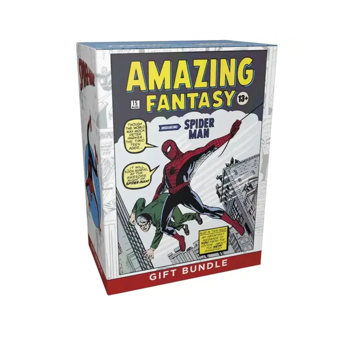 Magic: The Gathering - Marvel’s Spider-Man Gift Bundle featuring the iconic Amazing Fantasy comic book cover art with Spider-Man swinging above a city.