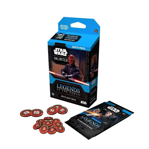 Asmodee Star Wars: Unlimited - Legends of the Force Spotlight Deck – Darth Maul includes a box, a pack of cards, and numbered round red tokens; suitable for ages 12 and up.