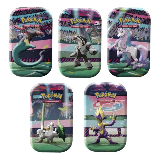 Five Pokémon TCG: Galar Power Mini Tins from The Pokémon Company, each featuring vibrant artwork of Dragapult, Obstagoon, Galarian Rapidash, Sirfetch’d, and Toxtricity set against colorful backgrounds with the iconic Pokémon logo displayed at the top.