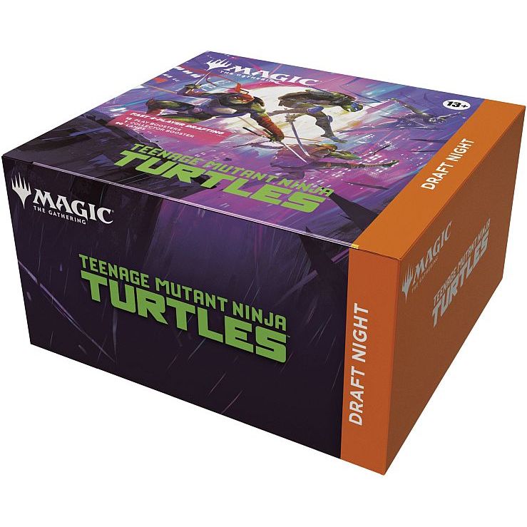 A cardboard box set for Magic: The Gathering - Teenage Mutant Ninja Turtles Draft Night featuring illustrations of the Teenage Mutant Ninja Turtles, with the product name printed in large text on the sides.