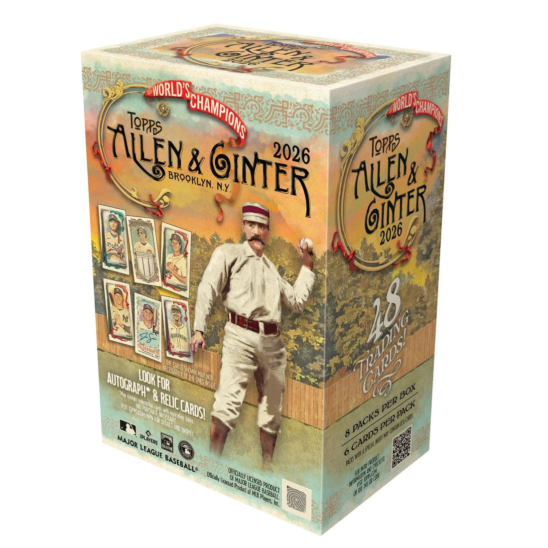 A Topps MLB Allen & Ginter 2026 - Value Box for a set of baseball trading cards, featuring illustrations of vintage players and text promoting autograph and relic cards.