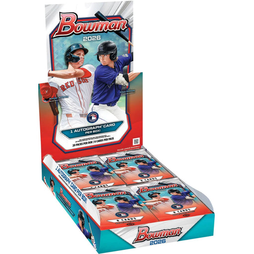 A Topps Bowman 2026 Hobby Box features two players batting on the front and advertises 1 Autograph Card Per Box, with multiple packs of cards included in a retail display.