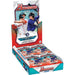 A Topps Bowman 2026 Hobby Box features two players batting on the front and advertises 1 Autograph Card Per Box, with multiple packs of cards included in a retail display.
