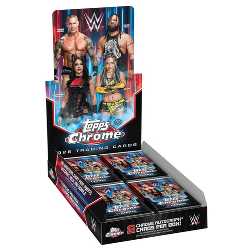 Topps Chrome 2026 WWE Hobby Box by Topps, showcasing four featured wrestlers on the display packaging and neatly arranged individual card packs inside. Packaging highlights "2 Chrome Autograph Cards Per Box!" and "2026 Trading Cards.