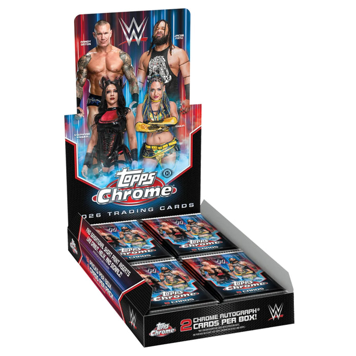 Topps Chrome 2026 WWE Hobby Box by Topps, showcasing four featured wrestlers on the display packaging and neatly arranged individual card packs inside. Packaging highlights "2 Chrome Autograph Cards Per Box!" and "2026 Trading Cards.
