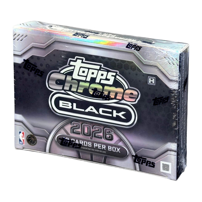 A sealed Topps NBA Chrome Black 2025-26 Hobby Box, showcasing a metallic design with the Topps brand and NBA logos on the front.