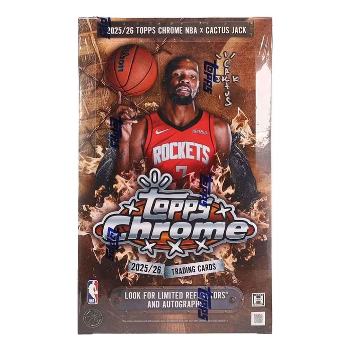 Box of Topps NBA Chrome Cactus Jack 2025/26 Hobby trading cards featuring a Houston Rockets player with prominent Topps and Cactus Jack branding on the front.