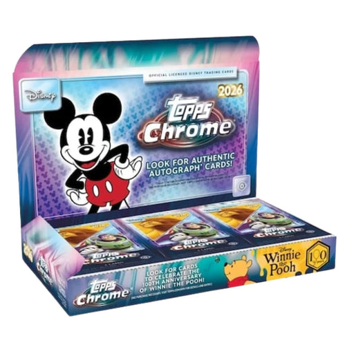 The Topps Chrome Disney 2026 Hobby Box by Topps features Mickey Mouse art, celebrates Winnie the Pooh’s 100th anniversary, and offers the chance to find authentic autograph cards inside.
